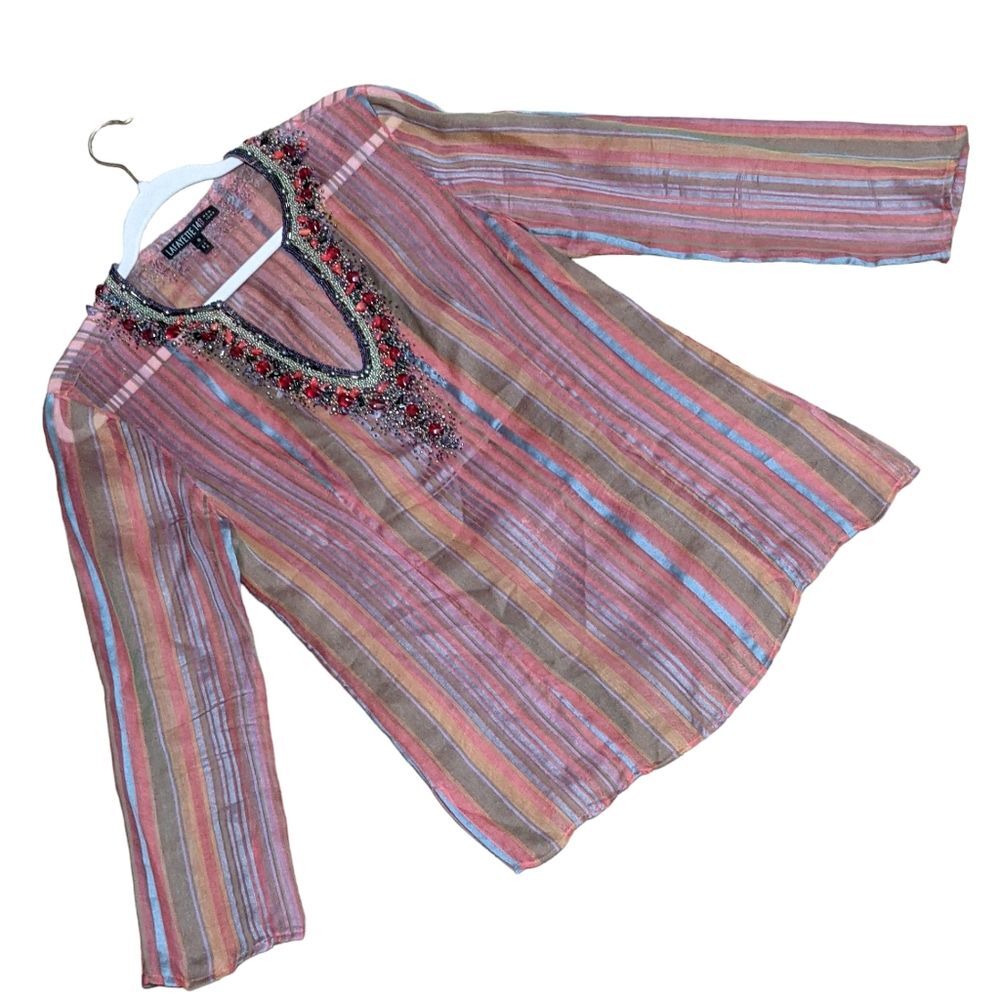 Lafayette 148 NY striped silk cotton blend heavily beaded yoke sheer blouse 8 - Picture 10 of 11